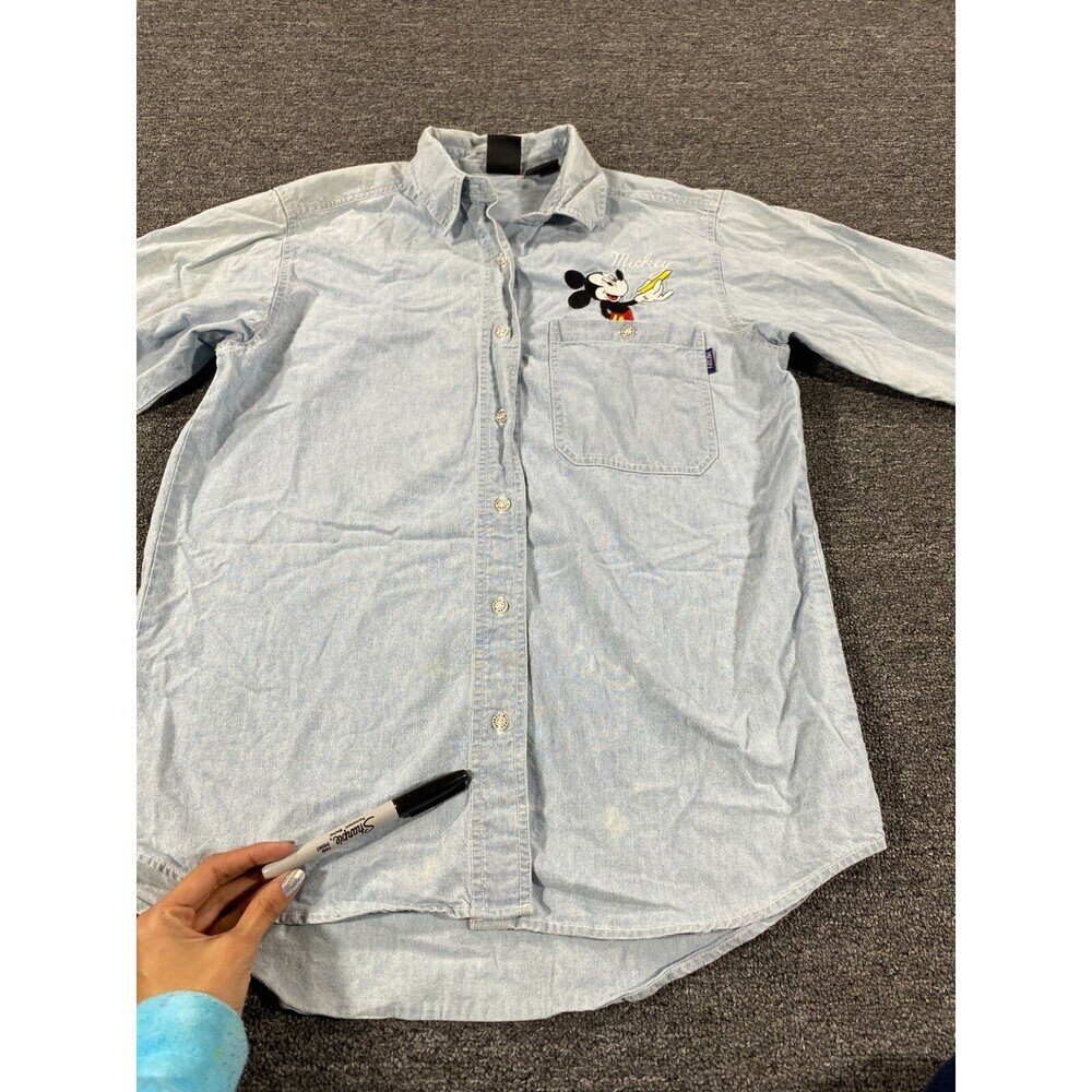 Disney Jerry Leigh Womens Small Blue Denim Button Up Long Sleeve Shirt Mickey - Picture 9 of 12